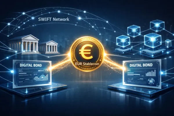 Illustration for article: SWIFT Tests Euro Stablecoin for Tokenized Bond Payments With Societe Generale
